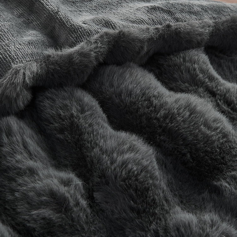Lotus Karen Queen Size Faux Fur Blanket Dark Gray - Big Bubble Rabbit Fluff T...