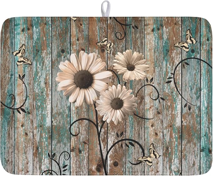 Dish Drying Mat for Kitchen Counter 18 x 24 Inch Rustic Vintage Daisy Floral by Unknown