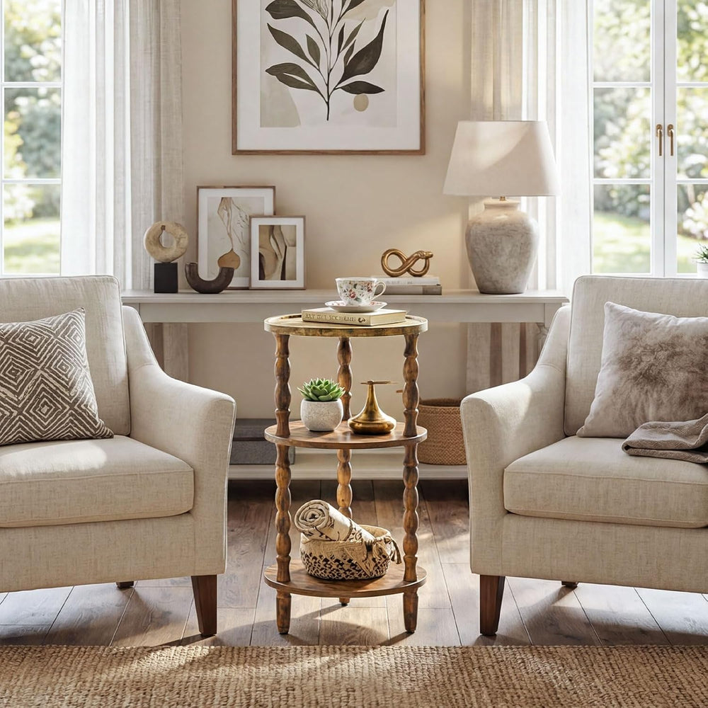 HOOBRO Round Side Table for Small Space, 3-Tier Small Round End Table with Ru...