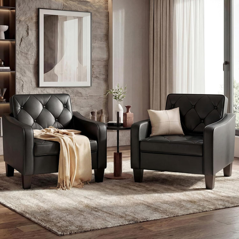 Black Accent Chairs Set 2, Faux Leather Armchair, Mid Century Modern Lobby