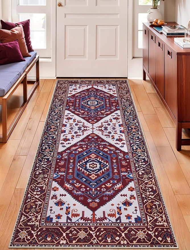 SERISSA Boho Washable Runner Rug, 2x5 Rug Runner Non-Slip Vintage Burgundy Navy - Image 5