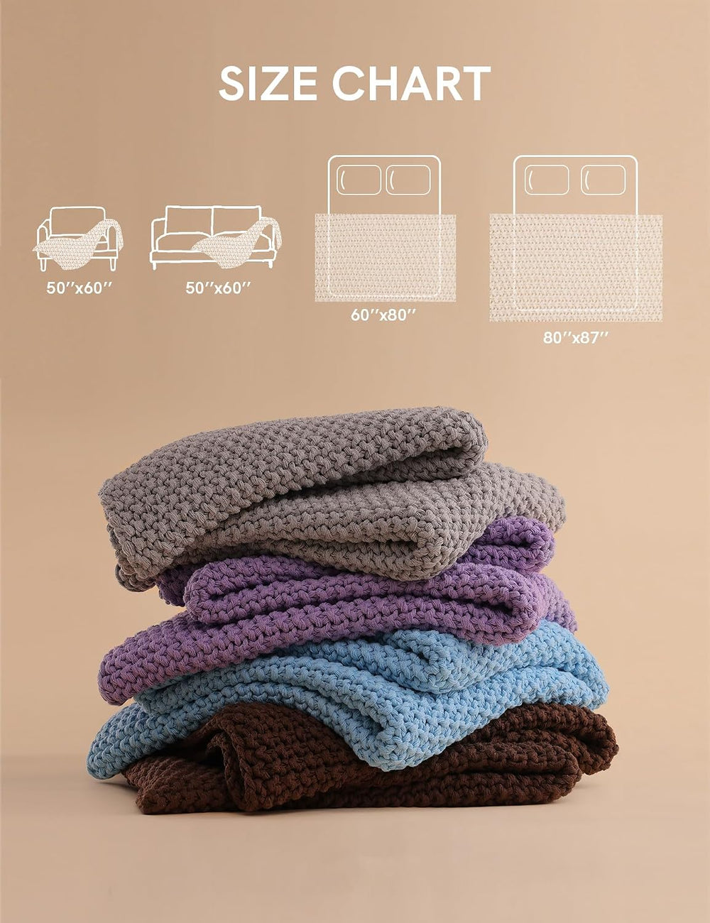 YnM Chunky Cotton Knit Throw Blanket, Cable Knit Throws for Bed Couch Sofa, C...