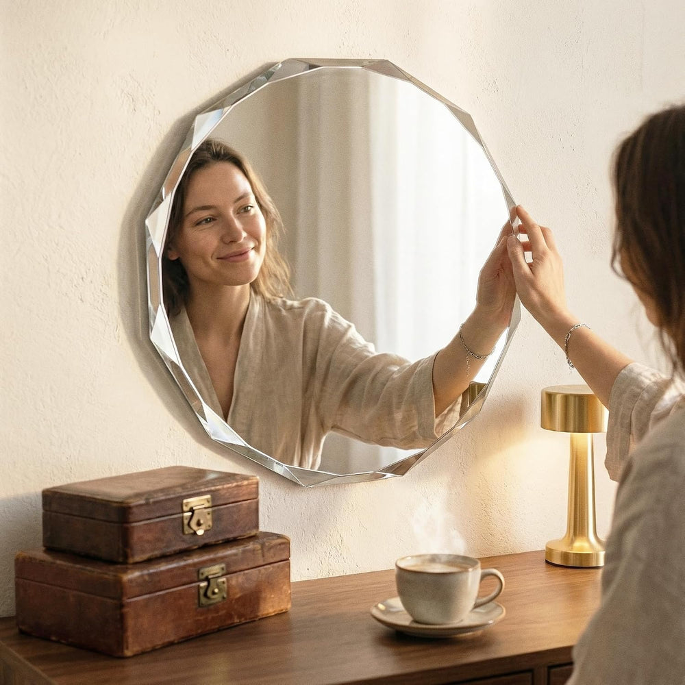 24" Round Frameless Beveled Mirror, Diamond Cut Edge Wall Mirror for Bat...