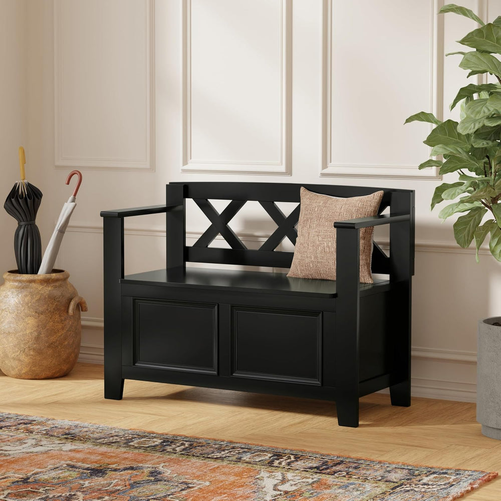 SIMPLIHOME Amherst 48" Wide Solid Wood Storage Bench in Coastal Blue | T...