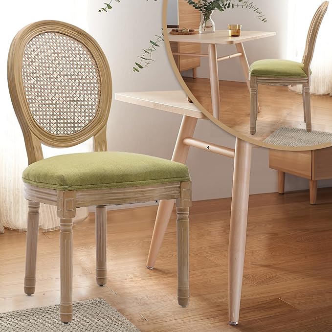 Rattan Back Upholstered Dining Chairs Set of 4 French Country Oval Kitchen Si...