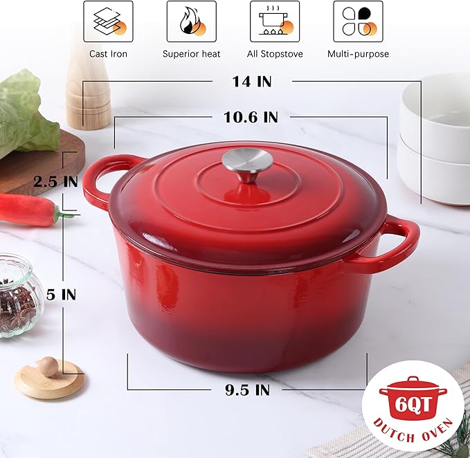 E-far Enameled Dutch Oven Pot for Bread Baking, 6QT Enameled Cast Iron Cookware - Image 2