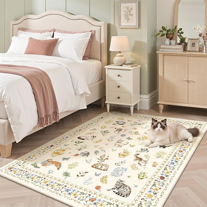 Cat 3x5 Area Rugs for Entryway, Machine Washable Animal Floral Accent Rug - Image 3