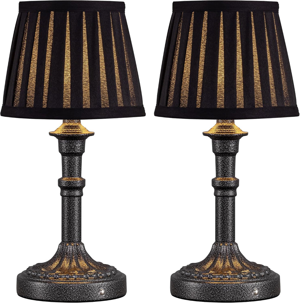 KDG Mottled Silver Cordless Table Lamps Set of 2, Black Fabric Shade Light
