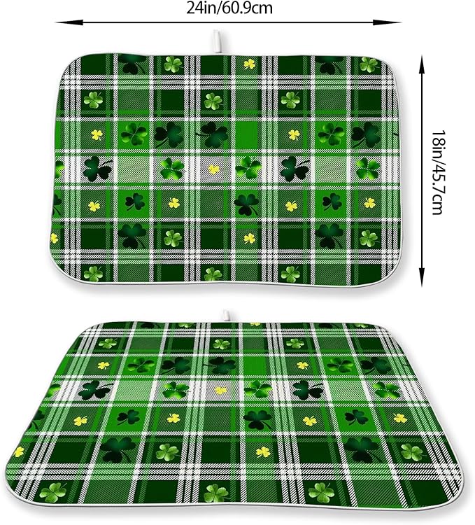 St. Patrick's Day Dish Drying Mat 18 x 24 Inch Green Buffalo Plaid Shamrock - Image 4