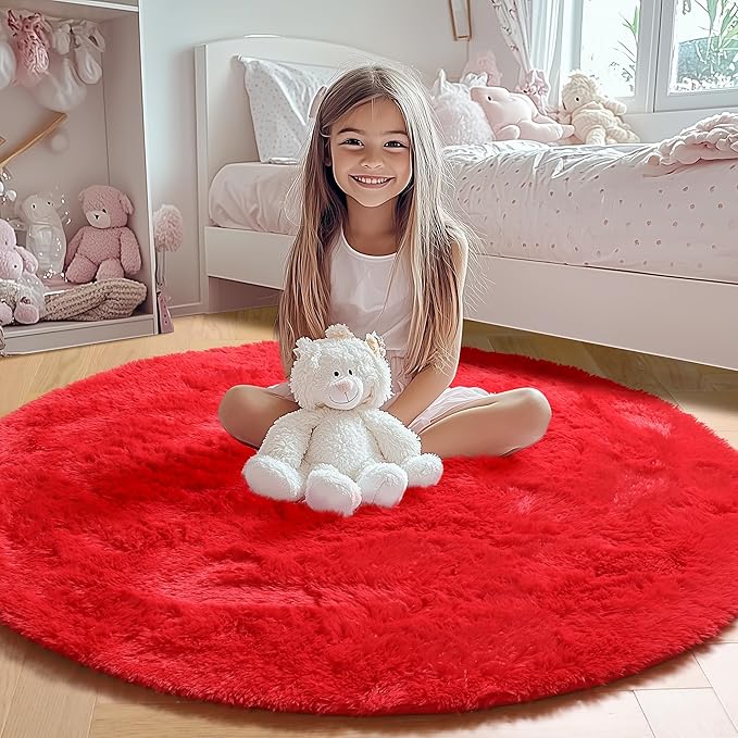 ONASAR Red Round Rugs 5ft for Bedroom Living Room, Fluffy Circle Area Rug for