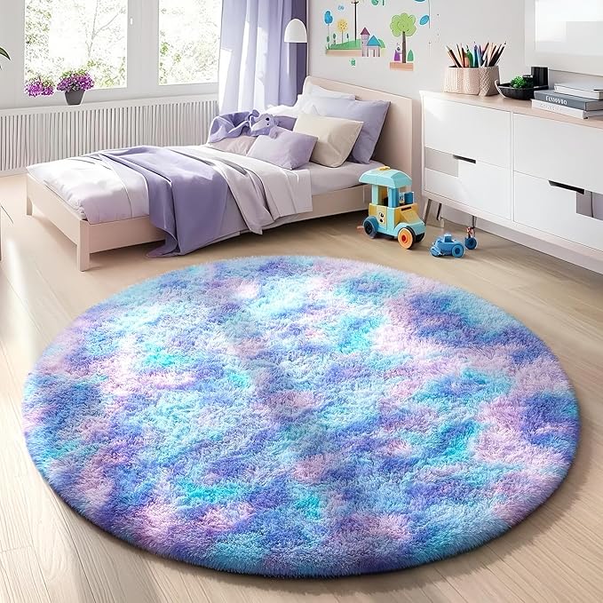 Ophanie Round Rug 4Ft Tie-Dye Rainbow Purple Circle Area Rug, Fluffy Fuzzy by Ophanie