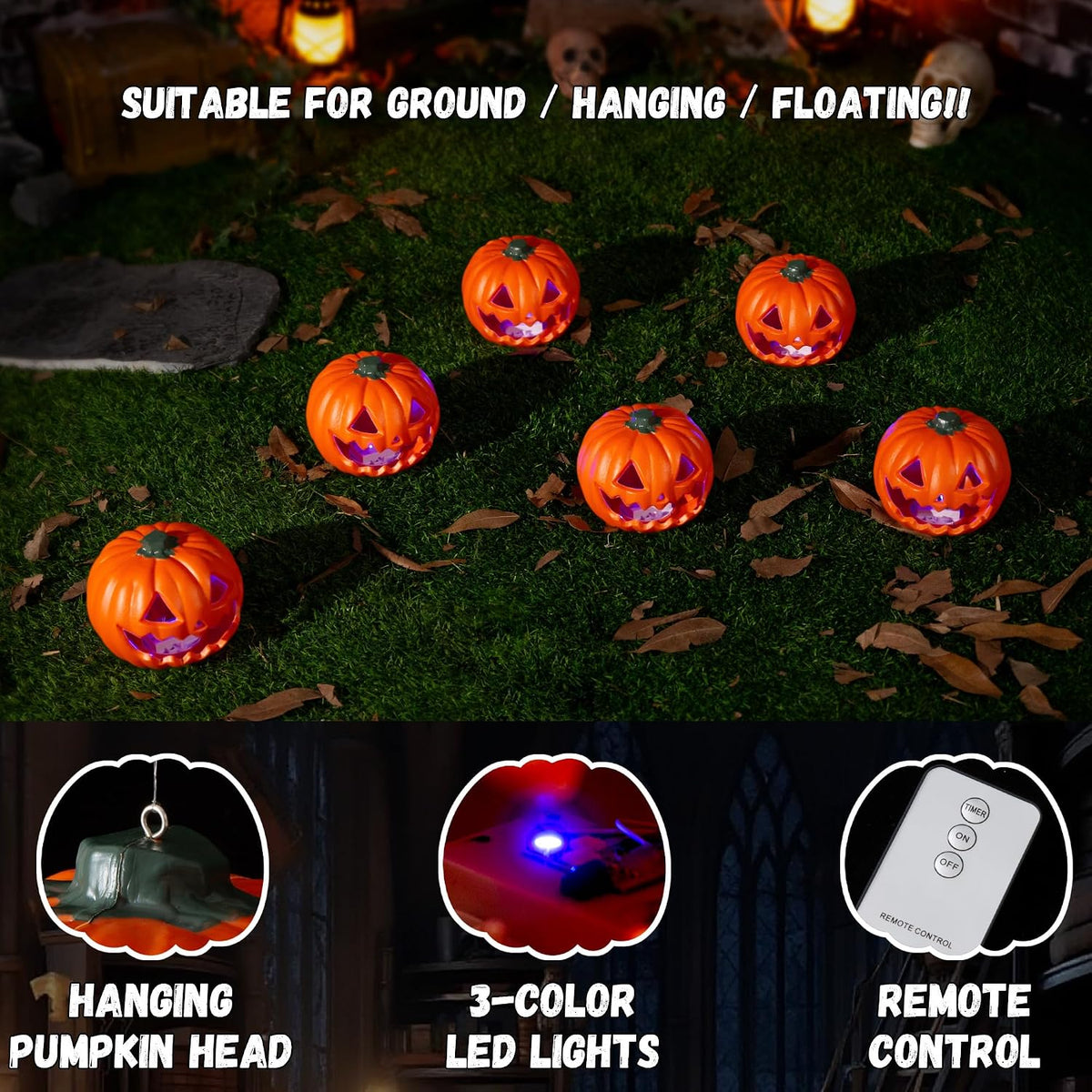Halloween Hanging Decorations Pumpkin Lights, LED Flameless Floating Jack-O-Lantern with Timer, 3 Color Light, 2 Lighting Modes, Remote, Pumpkin Lamp Decor for Home, Indoor, Outdoor, Yard (6 Pack)