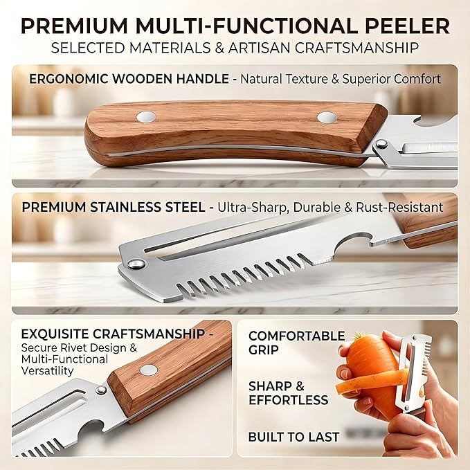 Multi-Functional Vegetable Peeler, 3 in 1 Multi Functional Wooden Handle Peeler - Image 4