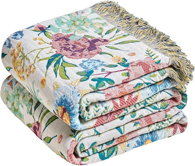 MSGKV Boho Throw Blanket 60"x80" Bed Floral 100% Cotton Blanket Spring by MSGKVHomeTextiles