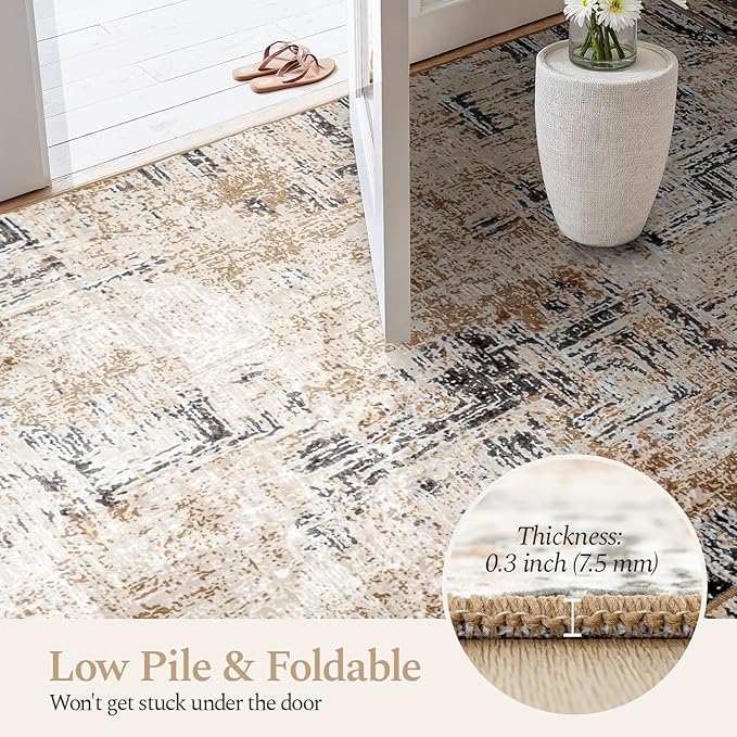 Rugflix 8x10 Washable Area Rugs, Neutral Boho Carpet Living Room Rug Non Slip
