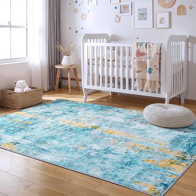 Area Rug 4x6 Teal Blue Rug Washable Boho Rugs Non Slip Low Pile Abstract Small - Image 4