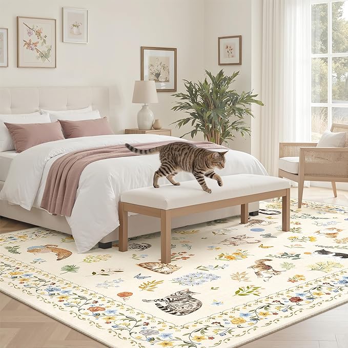 Soalmost Cat 6x9 Area Rugs for Living Room, Machine Washable Animal Floral - Image 3