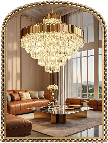 30"x40" Antique Gold Arched Wall Mirror, Bold Beaded Frame