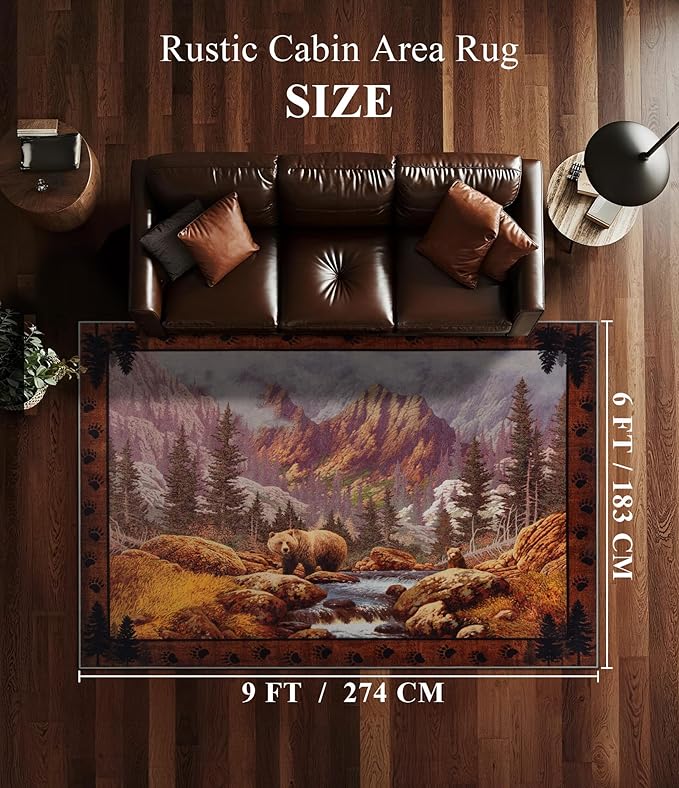 YIHOUSE Rustic Cabin Area Rug for Bedroom 6x9, Machine Washable Woodland Bear - Image 2