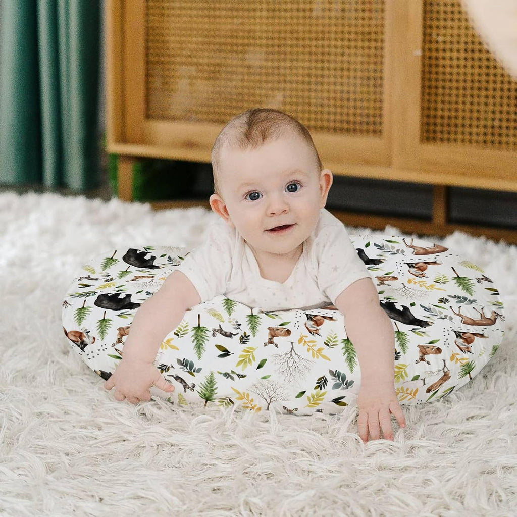 HawSkgFub Forest Animals Creatures Nursing Pillow Cover for Baby Boys, Pine Tree Bear Fox Deer Leaf Breastfeeding Pillow Slipcover, Nursing Pillowcase for Newborn Infant, Cover Only