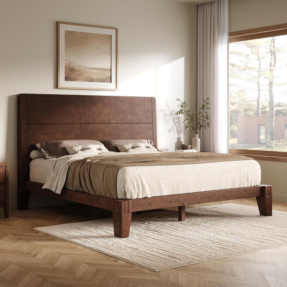 AMERLIFE Solid Wood Queen Bed Frame with Headboard, Japanese Joinery,Walnut