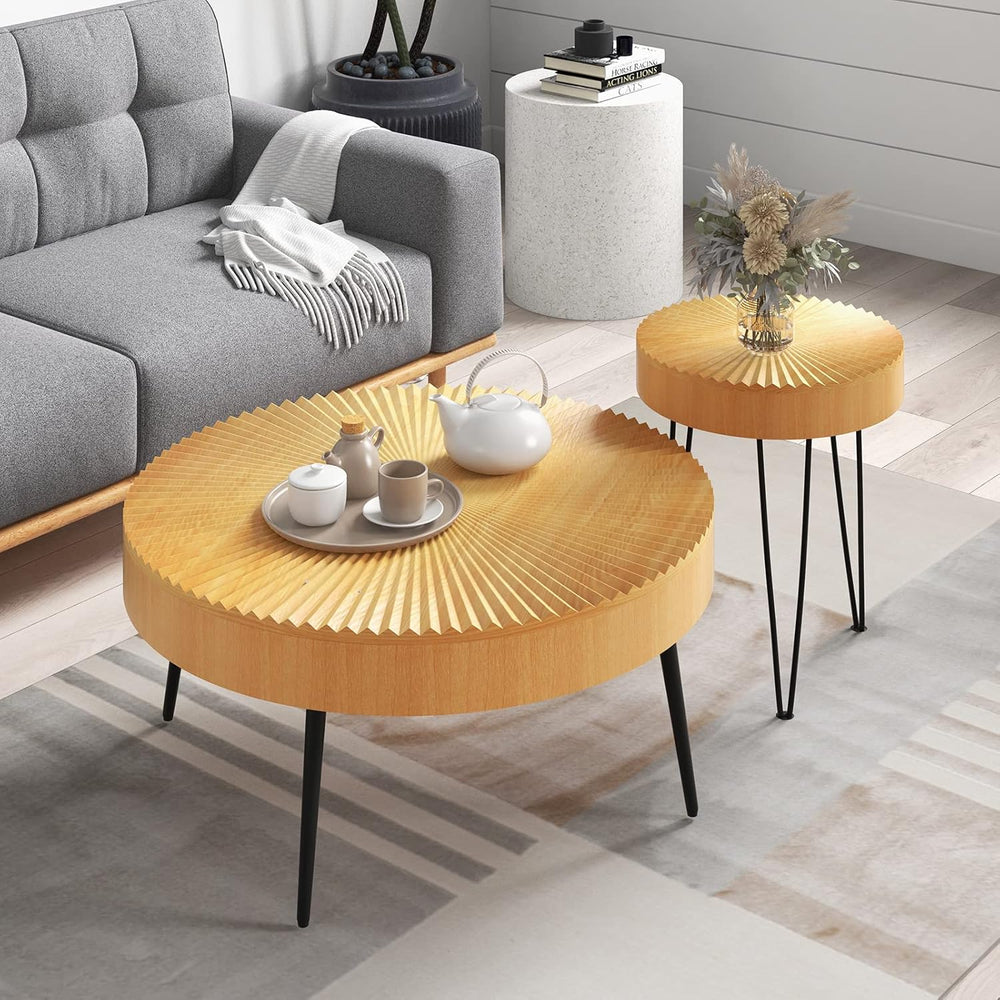 Giantex Boho Round Coffee Table Set of 2, Sofa Side Nesting Table with Solid ...