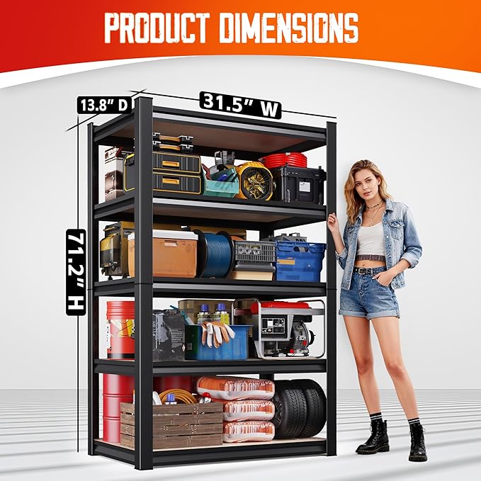 71"H-32"W-14"DGarage Shelving-5 Tier Garage Storage Shelves, Adjustable Heavy - Image 3