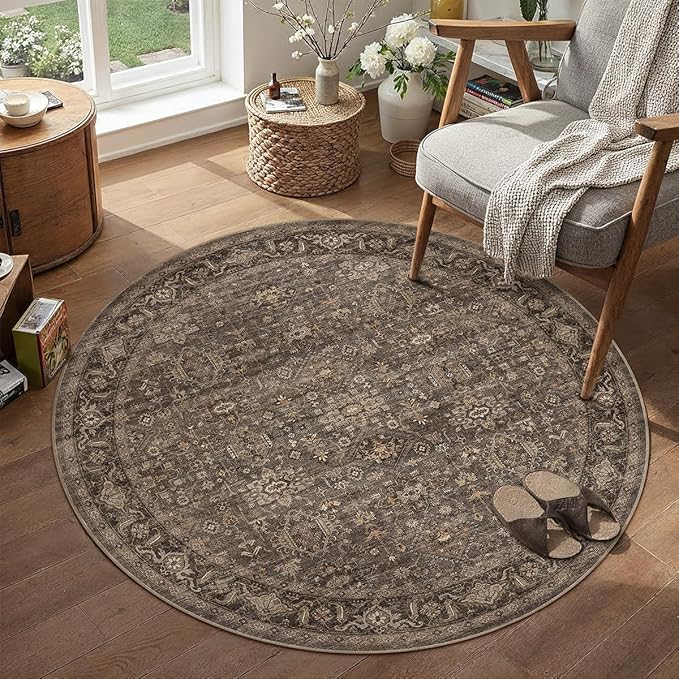 4x4 Washable Round Rug for Living Room Bedroom Vintage Brown Soft Low Pile - Image 3