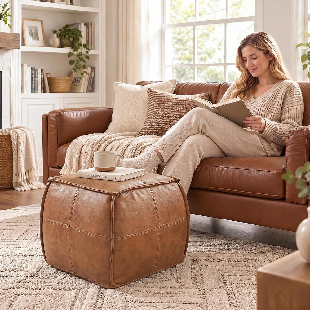 Genuine Leather Square Ottoman,Pouf for Living Room (Brown, Square)