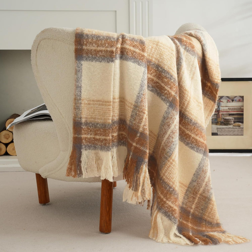 Battilo Beige Plaid Throw Blanket for Couch, Mohair Tartan Blanket 50"x6...