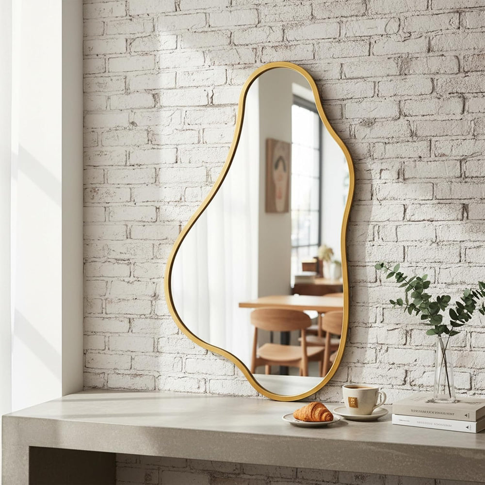 32x18 Inch Irregular Wall Mirror, Vertical Wavy Design, Gold Asymmetrical Met...