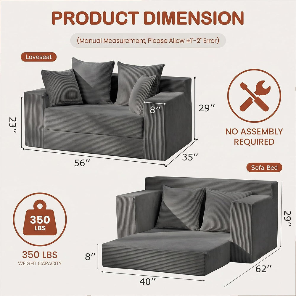 Convertible Sofa Bed, 5 in 1 Small Boneless Couch Pull Out Loveseat Sleeper S...
