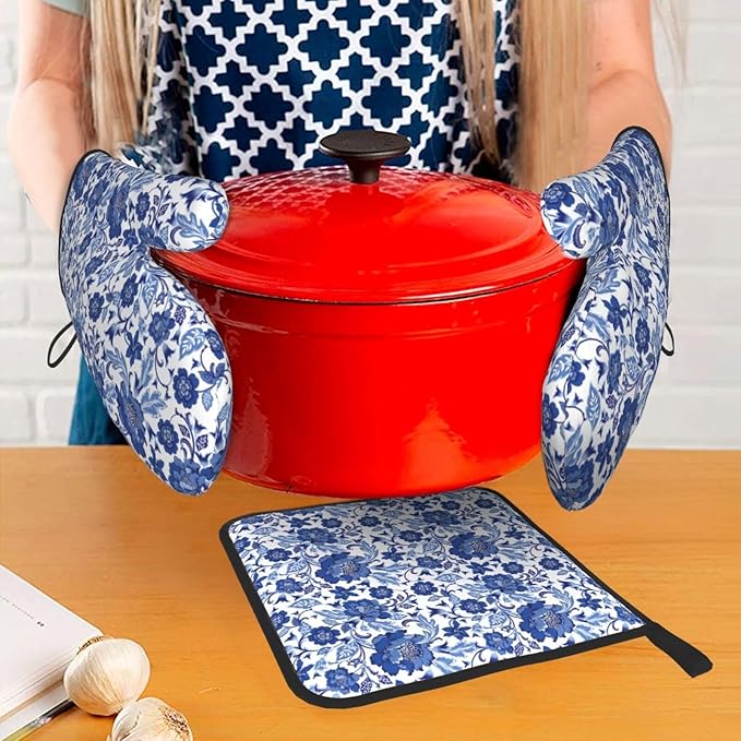 Navy Blue Floral Oven Mitts and Pot Holders Sets, Heat Resistant Oven Gloves - Image 7