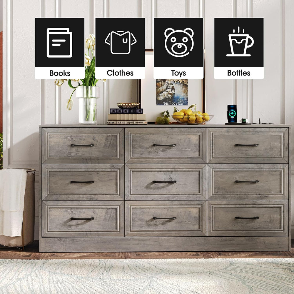Fameill Dresser for Bedroom, 9 Drawer Wide Dresser Organizer with Charging St...