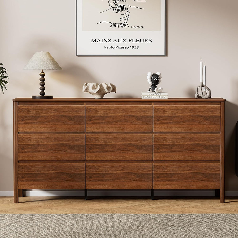 63" Wide 9 Drawer Wood Dresser for Bedroom with Legs, Walnut
