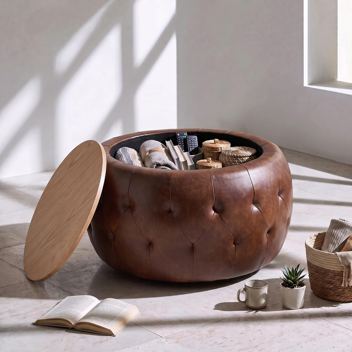 Round Ottoman with Storage, 25 Inches Wooden Top Coffee Table for Living Room, Modern Upholstered Side Table, Multifunctional Faxu Leather Surface Footstool(Brown)