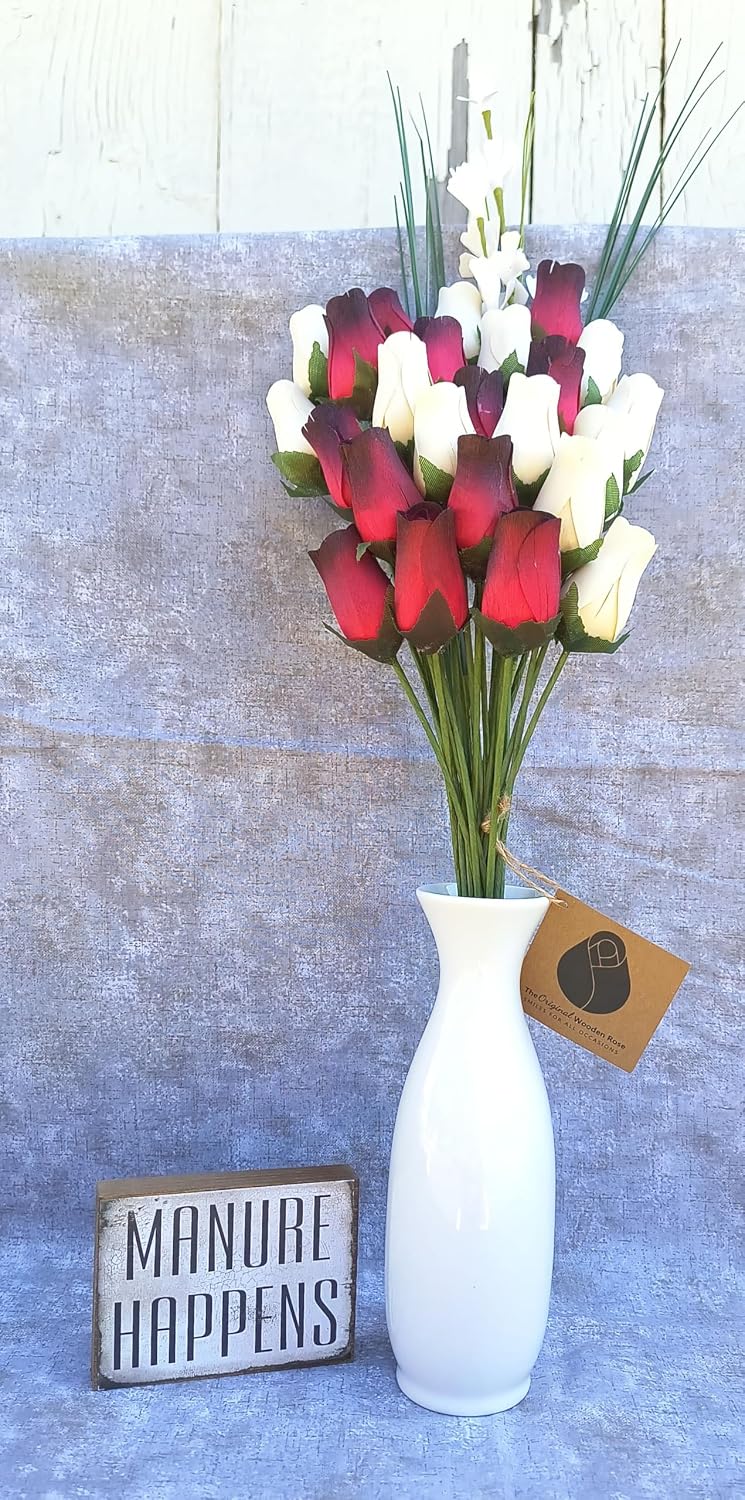 Red with Black Tips and White Wooden Rose Bouquet (2 Dozen)