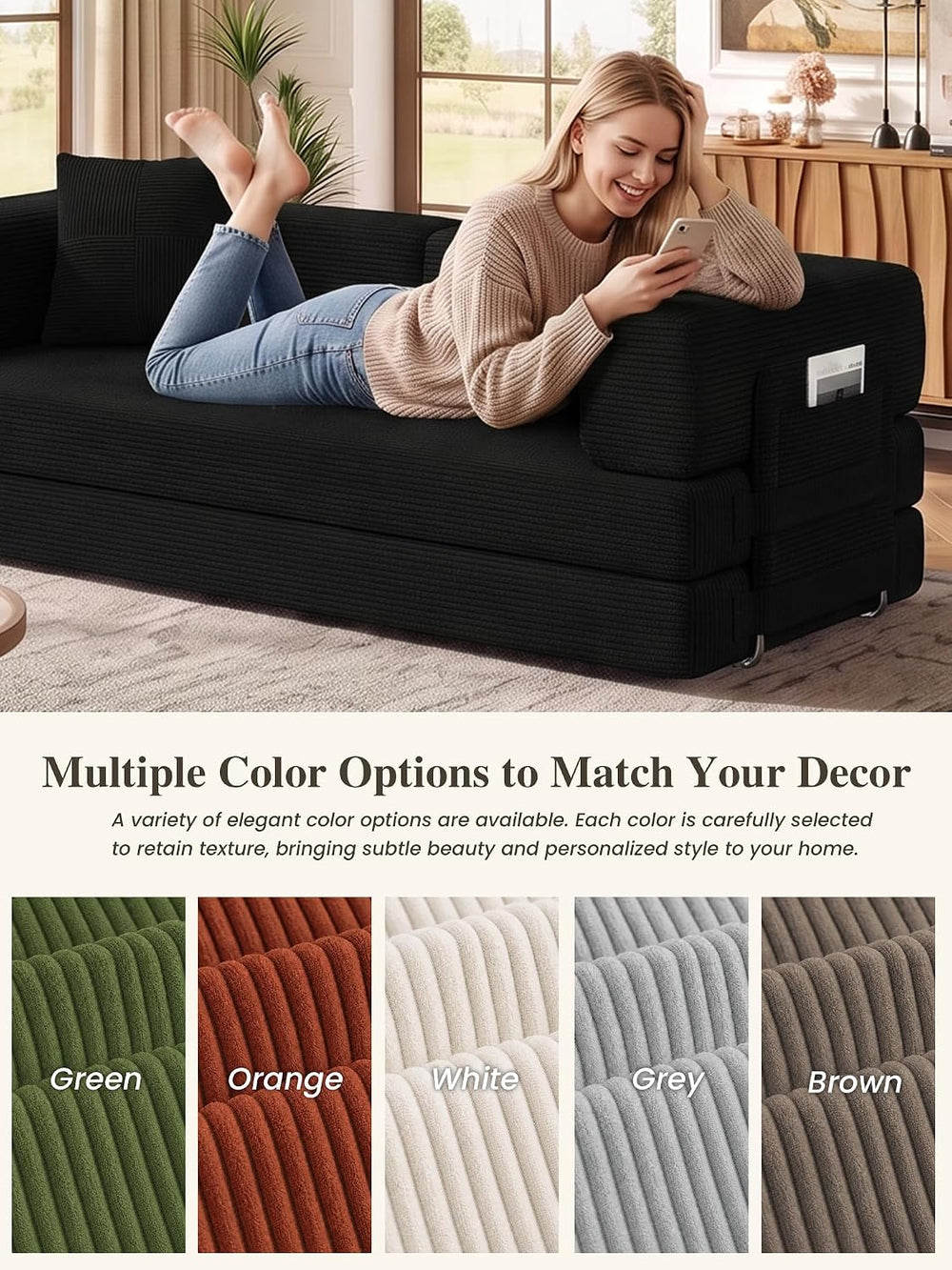 79.5" 5-in-1 Convertible Futon Sofa Bed, Boneless Corduroy, Black