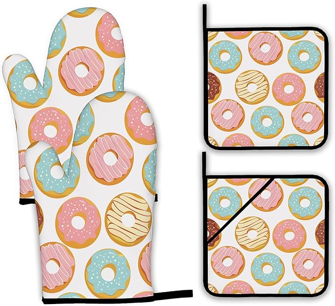Pink Doughnut Oven Mitts and Pot Holders Set, Kitchen Oven Gloves and Pot Holder by Unknown