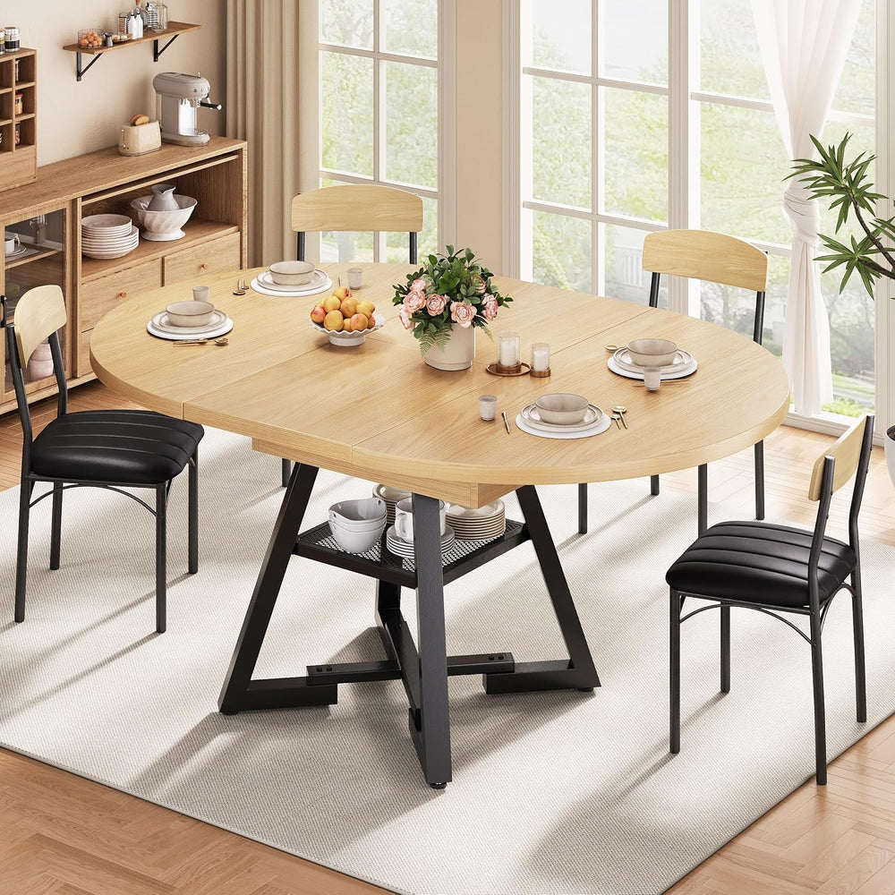 Extendable Round Dining Table for 4-8, Round to Oval Dining Table with Open S...
