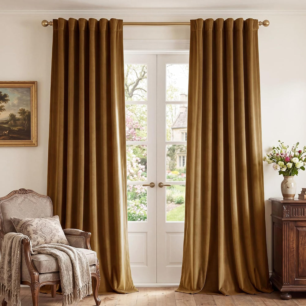 StangH Gold Brown Velvet Curtains for Living Room Boho, W52 x L84, 2 Panels