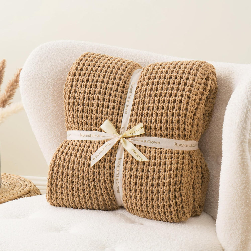 Beige Throw Blanket for Couch, Tan Waffle Knitted Throw Blankets 50"x60&...