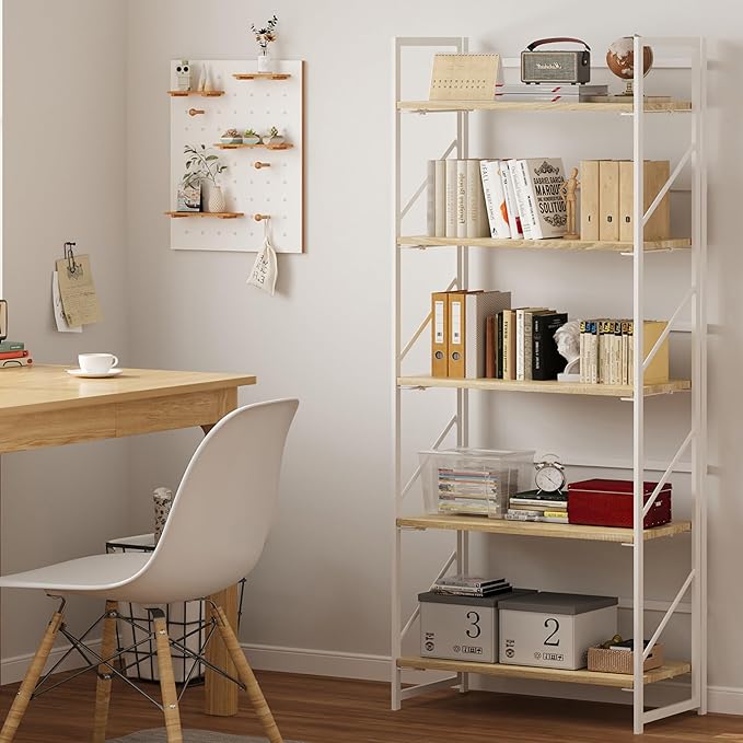JSB No Assembly Folding Bookshelf, 5 Tier Industrial Metal Book Shelf for Storage, Vintage Wood Foldable Bookcase for Living Room, Bedroom, Office Organization Shelves