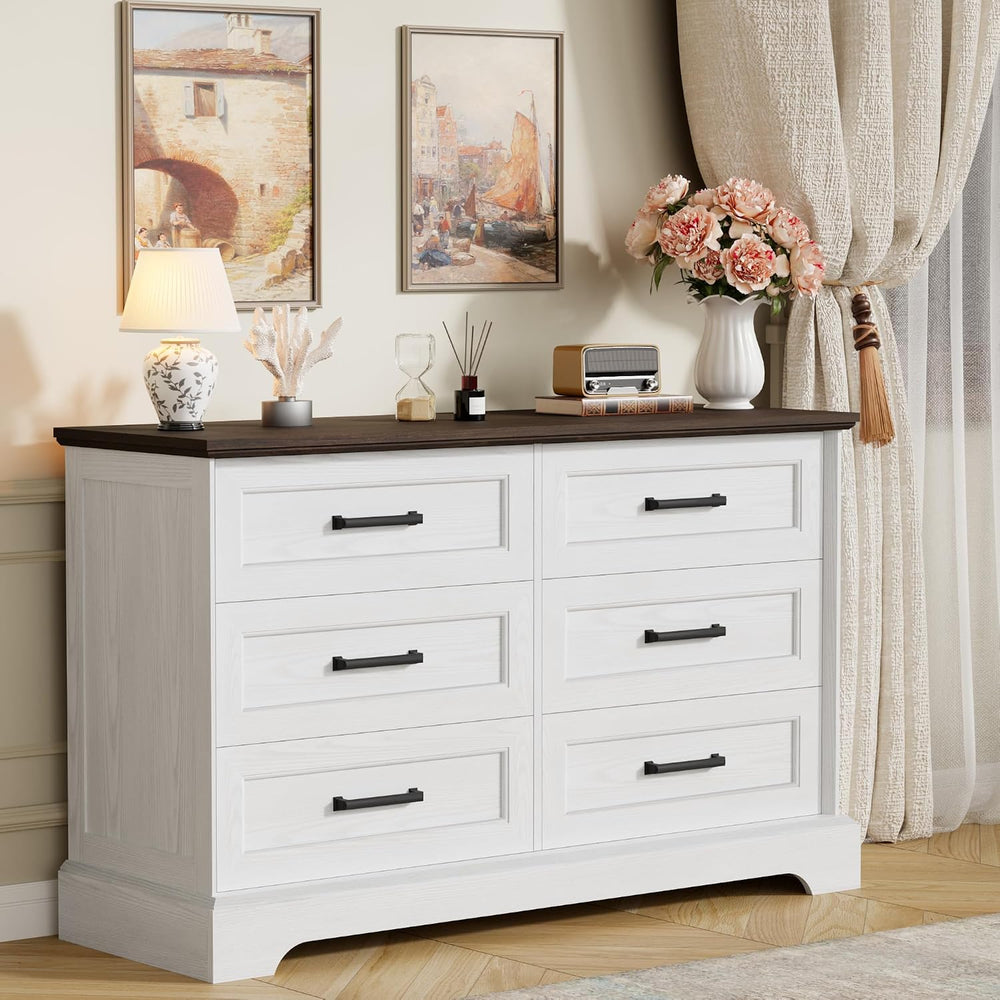 Furmax Farmhouse Dresser for Bedroom, 6 Drawers Dresser, White & Brown