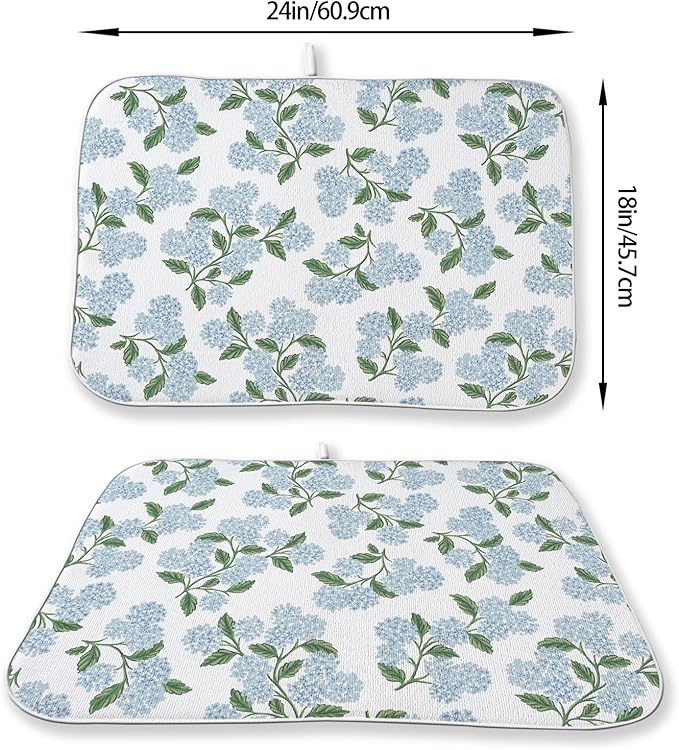 Blue Green Dish Drying Mat 18x24 Inch Vintage Floral Hydrangea Flower Drying - Image 2