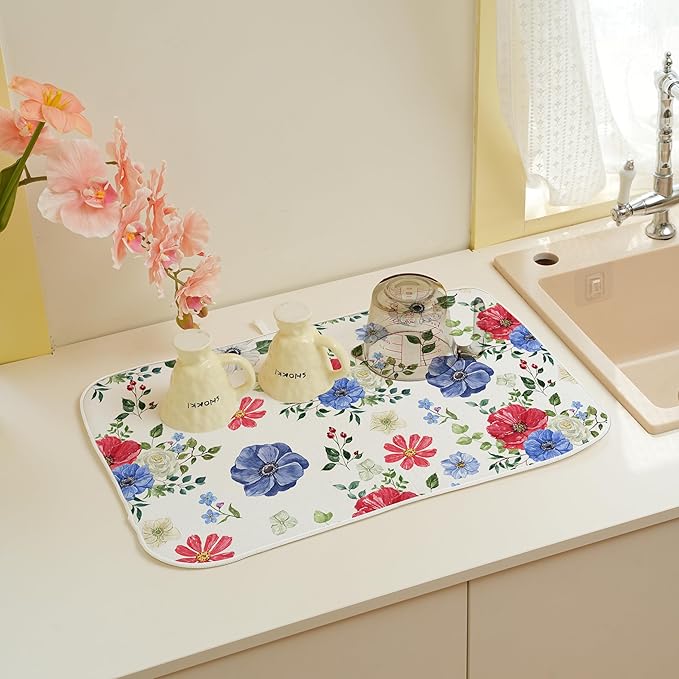 Blue Red Floral Dish Drying Mats 18x24 Inch Independence Day Flower Drying Mats - Image 3