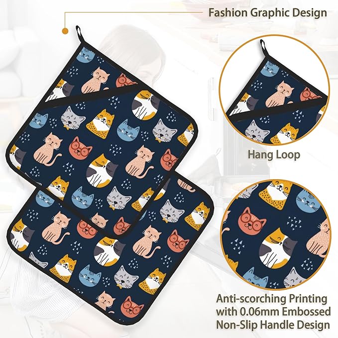 Cute Cat Pot Holder Set of 2, Heat Resistant Potholders Oven Hot Pads - Image 4