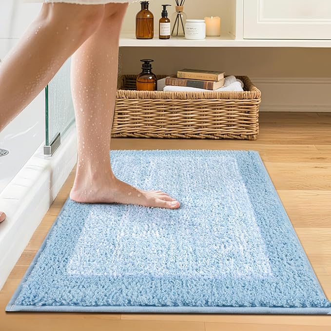Bathroom Rugs 24x17 Non Slip Washable, Light Blue Bath Mat - Image 2