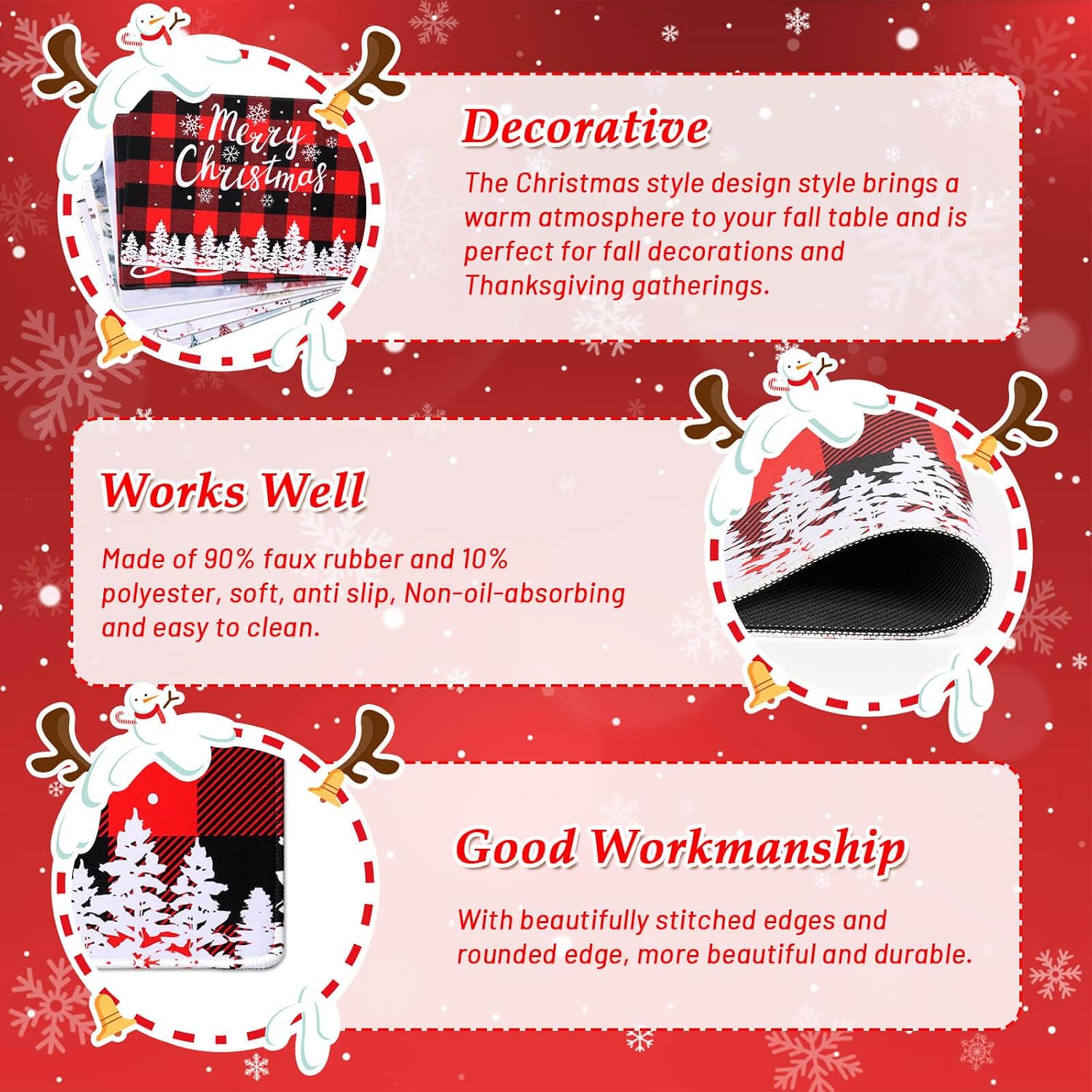 Billbotk Christmas Placemats Set of 6, Non-Slip Place Mats for Dining Table and Christmas Decorations