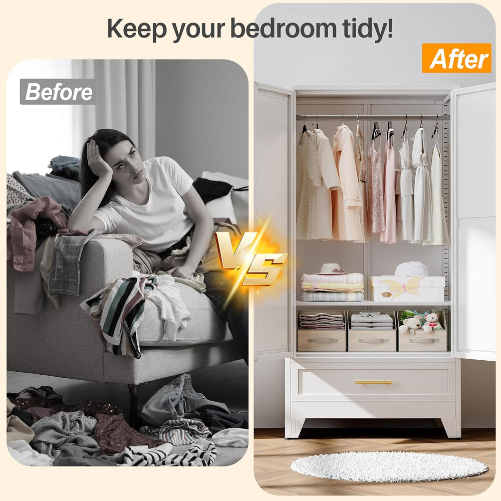 RIETERN Metal Armoire Wardrobe Closet, 71" Bedroom Closet with Mirror White